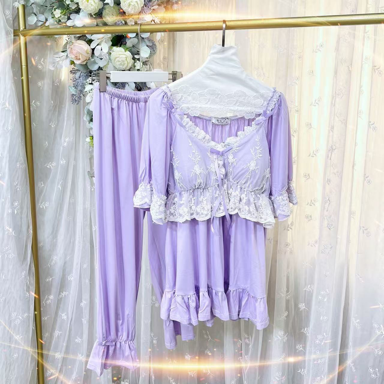 大码睡衣女秋冬胖MM紫色胸垫莫代尔棉半袖长裤弹力宫廷家居服套装