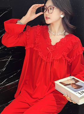 大码睡衣女秋冬胖MM新婚本命年红色蕾丝莫代尔长袖长裤仙仙家居服