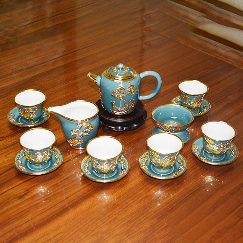 纯手工镀纯金锡镶工艺品金镶玉茶具套装瓷器工艺品鹿贺