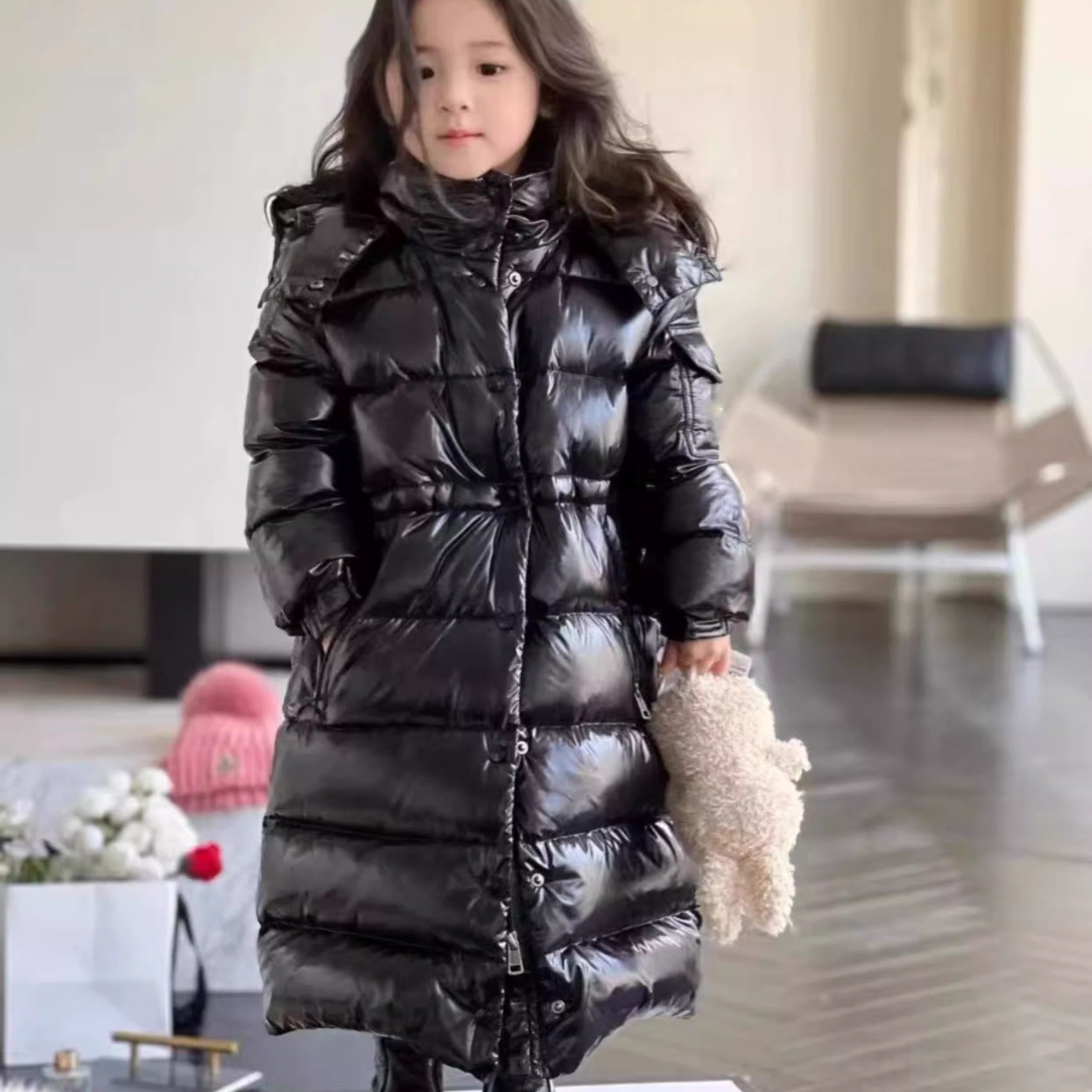 女童加长款连帽鹅绒羽绒服秋冬新款儿童过膝长款加厚保暖童装外套