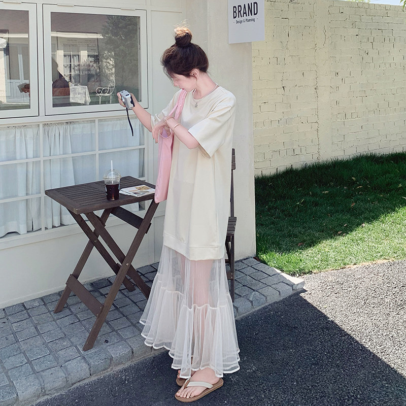 韩系温柔风蕾丝网纱拼接连衣裙女2025夏季气质宽松显瘦百搭T恤裙,女装连衣裙,浙宝265