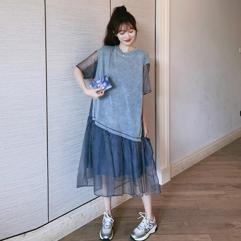 扎染牛仔色网纱拼接连衣裙8610P120-控188,女装连衣裙,浙宝265