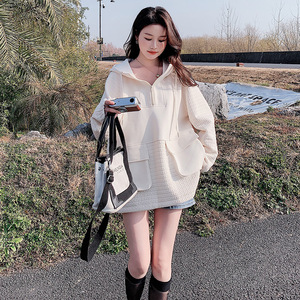 韩版设计感半拉链连帽卫衣女2025春秋季新款宽松显瘦时尚拼接上衣图片