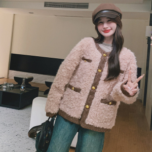 超好看粉色小香风羊羔毛外套女冬季2025新款皮毛一体羊羔绒短上衣图片