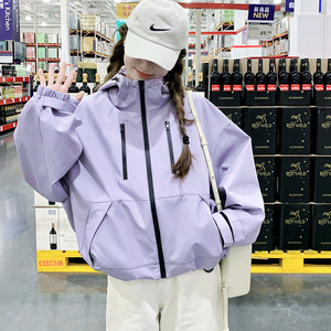 独特超好看紫色冲锋衣女春秋新款小个子高级感炸街短外套流行爆款，女装短外套，浙宝265