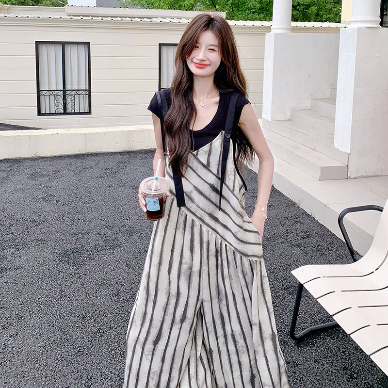 晕染条纹V领吊带连体裤女夏季宽松休闲慵懒风oversize背带阔腿裤,女装连体裤,浙宝265
