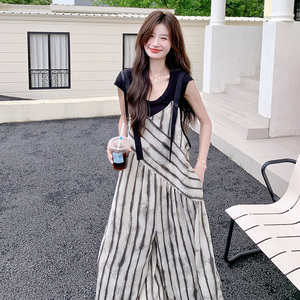 晕染条纹V领吊带连体裤女夏季宽松休闲慵懒风oversize背带阔腿裤图片