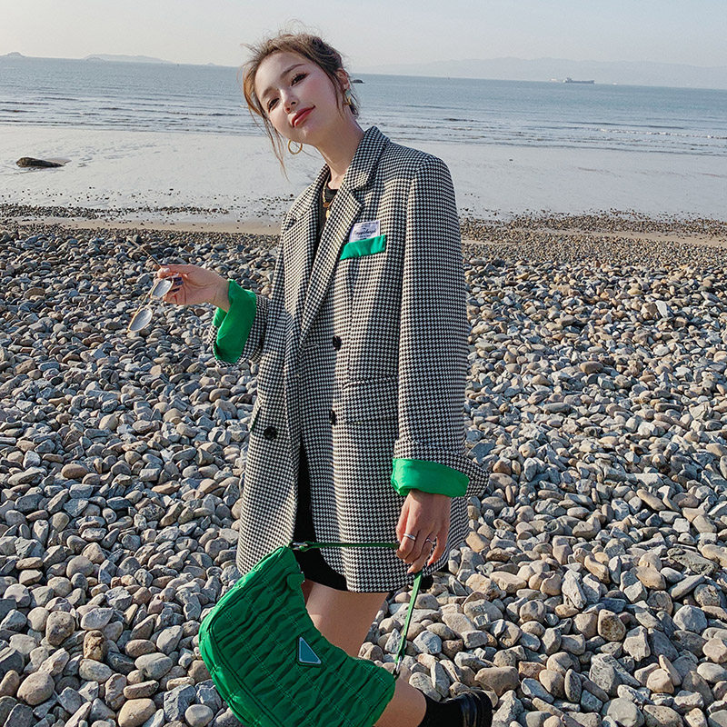 已出货！2022贴标撞色千鸟格西装外套8754P125控价188，女装西装，浙宝265