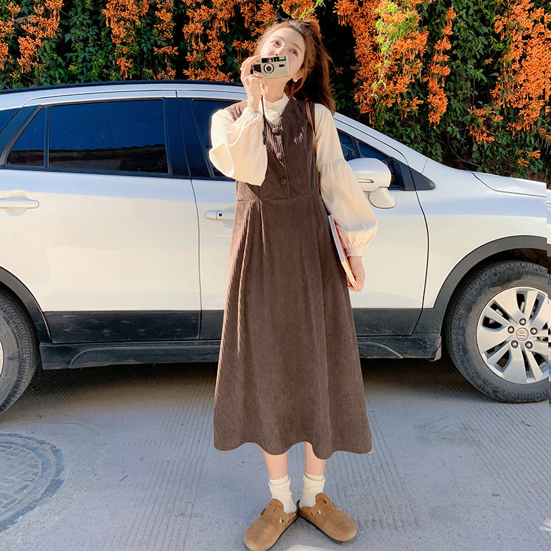 咖色灯芯绒连衣裙两件套女2023秋季新款法式高级感超好看套装裙子,女装连衣裙,浙宝265