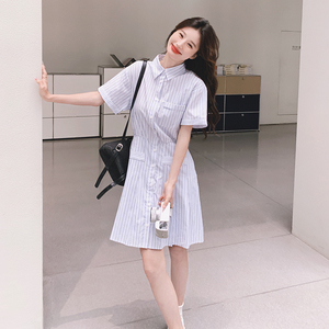 韩版学院风条纹衬衫连衣裙女2025夏季新款法式收腰显瘦Polo领短裙图片