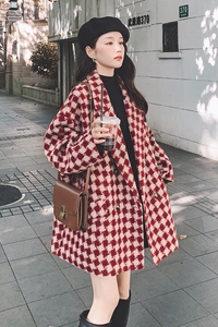 红色格子西装毛呢外套女小个子2023秋冬新款韩版宽松气质呢子大衣图片