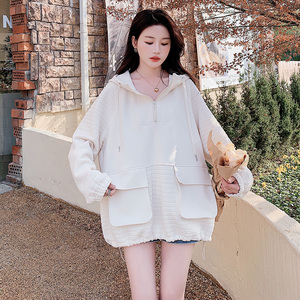 韩版设计感半拉链连帽卫衣女2025春秋季新款宽松显瘦时尚拼接上衣图片