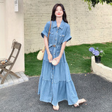 气质女神范赫本风薄款牛仔衬衫长裙夏季新款收腰显瘦大裙摆连衣裙，女装连衣裙，浙宝265