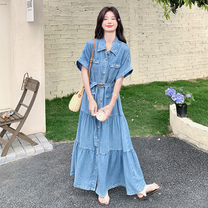 气质女神范赫本风薄款牛仔衬衫长裙夏季新款收腰显瘦大裙摆连衣裙图片
