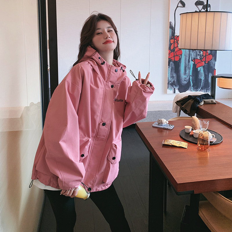 粉色连帽冲锋衣外套女2025春季新款洋气流行网红炸街工装夹克上衣,女装短外套,浙宝265