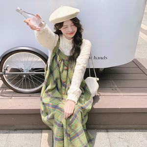 绿色格纹背带裙蕾丝套装女2025春秋季新款学院风显瘦连衣裙两件套图片