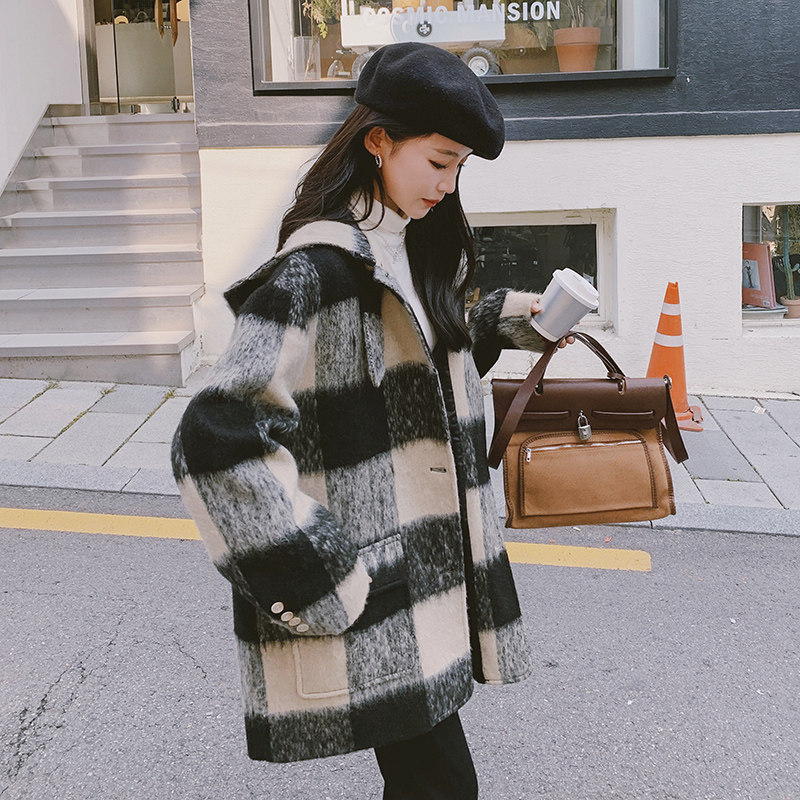 黑色设计感格子毛呢外套女2023秋冬新款韩版高级气质西装式呢大衣,女装毛呢外套,浙宝265