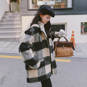 黑色设计感格子毛呢外套女2023秋冬新款韩版高级气质西装式呢大衣图片