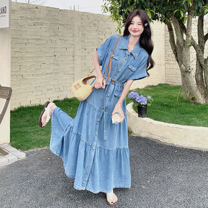 气质女神范赫本风薄款牛仔衬衫长裙夏季新款收腰显瘦大裙摆连衣裙图片