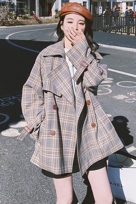 现货2021秋款短款格子风衣外套8715P125控价188,女装风衣,浙宝265