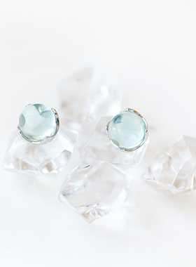 人鱼泡沫眼泪水晶圆形耳钉 气质简约蓝色925纯银耳环小清新耳饰女