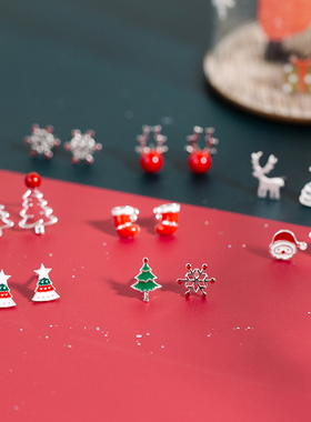 925银新款圣诞耳钉精致小巧红色耳饰可爱麋鹿雪花耳环个性百搭女