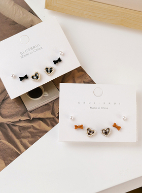 925银复古黑白布艺棋盘格纹珍珠爱心耳钉组合套装简约百搭小耳环