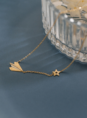 童年纸飞机小众设计14k金简约镂空五角星锁骨链小清新短款项链女