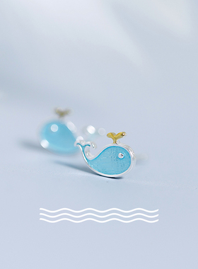 925银可爱蓝色喷水小鲸鱼耳钉甜美清新动物小鱼耳饰少女学生耳环