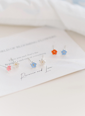 春夏新款S925银迷你不对称彩色小花朵耳钉精致百搭甜美韩系耳环女