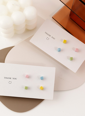 新款925银简约ins风陶瓷立体几何耳钉糖果色甜美迷你方形小耳环女