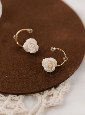 凡尔赛的白玫瑰耳钉法式复古宫廷风气质耳环 925银优雅花朵耳饰仙