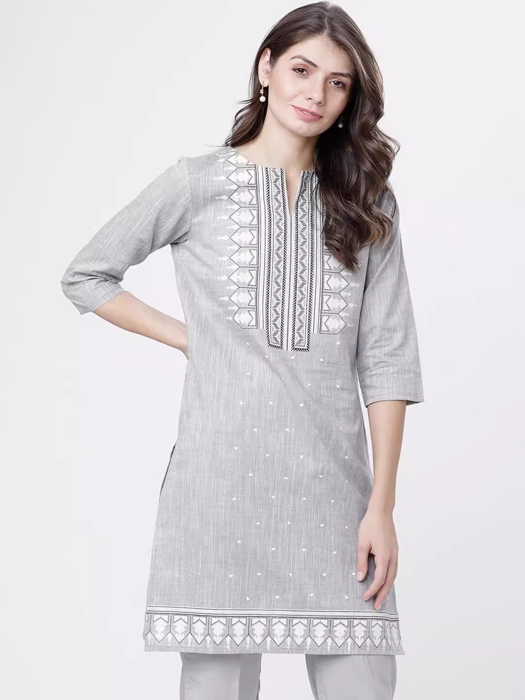 A4-1-4 INDIA IMPORTED ETHNIC STYLE WOMENS CLOTHING PRINTED EVERYDAY WEAR MIDI TOP COTTON PINK TRIPLE SLEEVE