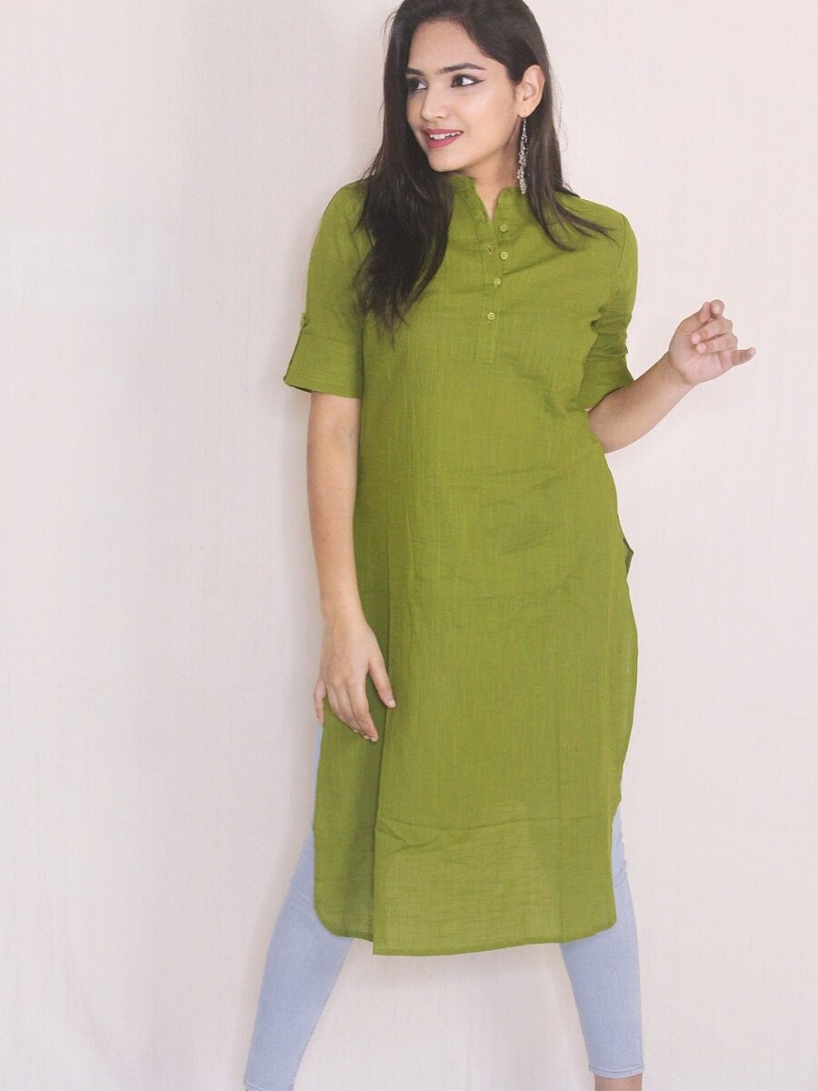 2024 SUMMER NEW INDIAN IMPORTED WOMENS COTTON TOP MID-LENGTH STAND-UP COLLAR CASUAL DAILY THIN GREEN