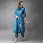 印度传统服饰丝混纺印花薄款 成人气质日常异域风立领蓝色三件套