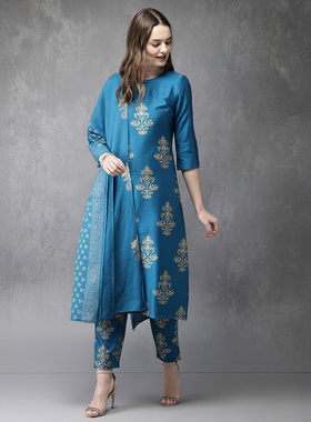 印度传统服饰丝混纺印花薄款成人气质日常异域风立领蓝色三件套