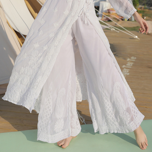 印度乔其纱手工刺绣瑜伽阔腿裤 现货 新款 民族风白色含衬防透均码