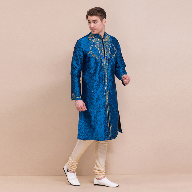 印度男装 宽松丝棉传统正宗民族服饰 刺绣含裤子宝蓝|ruв категории Мужская одежда, национальная одежда - от Buy2taobao.com для оказания профессиональной услуги покупки агента Taobao