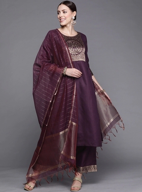 A2-1-2印度传统服饰 旁遮比3件套提花工艺中长款棉混纺套装紫色