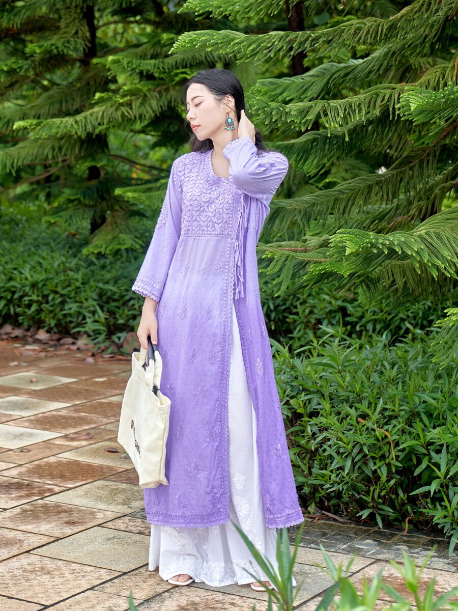 B1-1-2 INDIAN IMPORTED ETHNIC STYLE WOMENS MID-LENGTH COTTON GRADIENT PURPLE HAND-EMBROIDERED THIN TOP