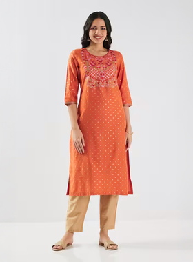 印度进口异域风情服装丝绵刺绣民族风中长款上衣七分袖套头橙色女