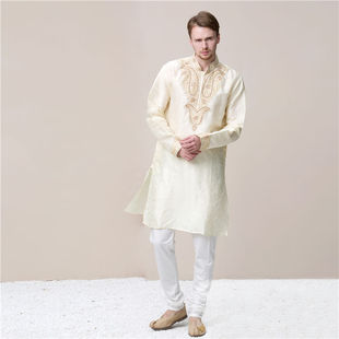 套装 刺绣生丝 中长款 印度男装 正宗民族服饰米白色新款 子 含裤