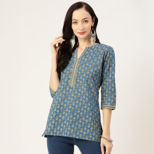 七分袖 3印度进口服饰女手工拓印短款 纯棉日常百搭库塔蓝2024