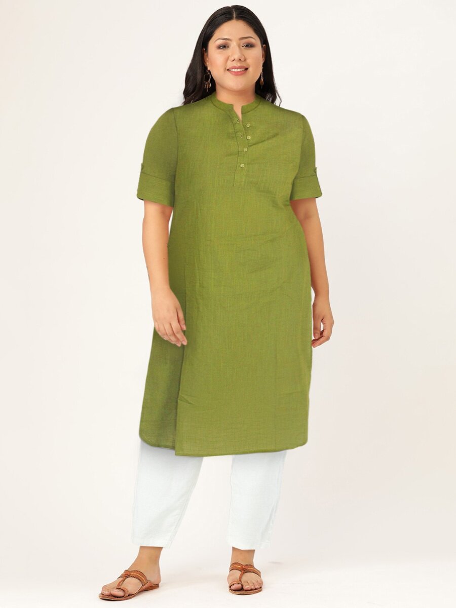 2024 SUMMER NEW INDIAN IMPORTED WOMENS COTTON TOP MID-LENGTH STAND-UP COLLAR CASUAL DAILY THIN GREEN