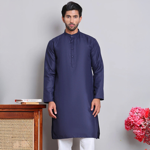印度传统特色服装异域风情多色多款棉混纺中长款长袖立领男士衬衫