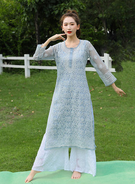 B4-1-4印度瑜伽服禅修服大师服灰色纯手工刺绣乔其纱中长款薄款夏