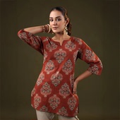红色上衣 成人气质纯棉印花民族风圆领薄款 印度服装 进口传统七分袖