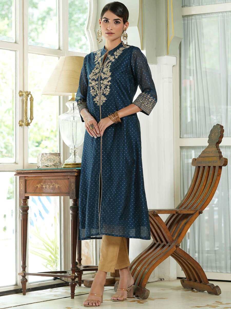A8-1-2 NEW INDIAN IMPORTED ETHNIC STYLE SILK COTTON EMBROIDERY LONG TOP SMALL STAND COLLAR POLKA DOT BRONZING NAVY