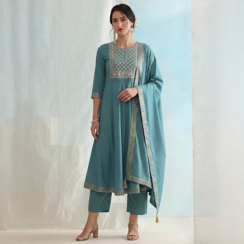 印度进口棉绸孔雀蓝刺绣三件套