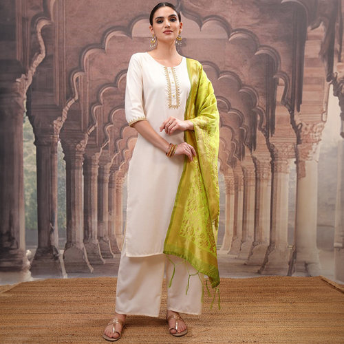 印度进口女装异域风情白色中长款七分袖棉混纺薄款刺绣三件套新品